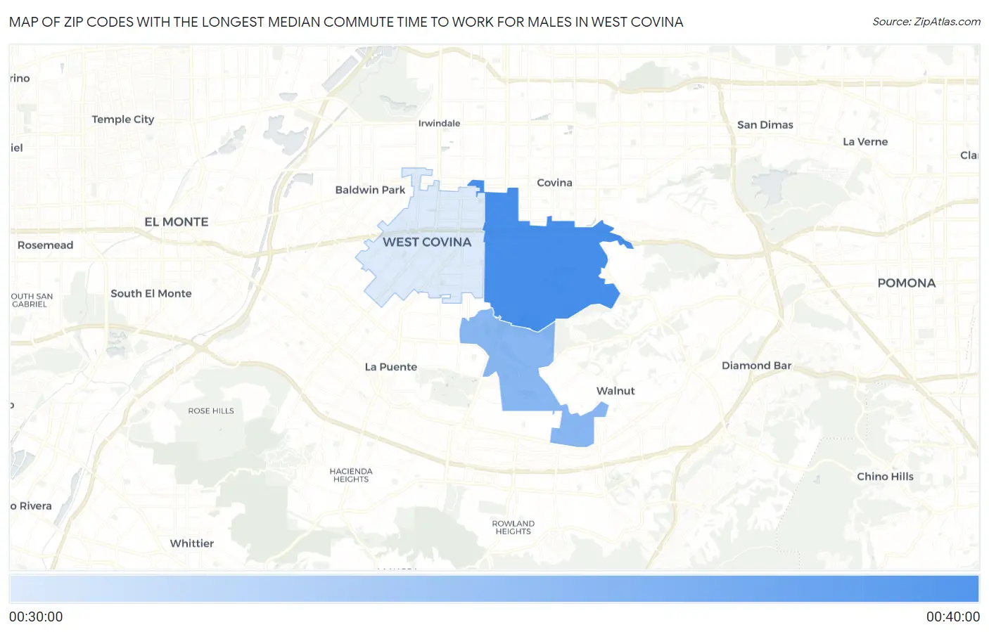 Zip Codes with the Longest Median Commute Time to Work for Males in West Covina Map