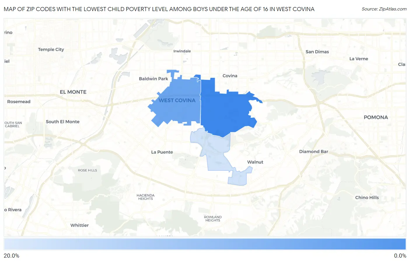 Zip Codes with the Lowest Child Poverty Level Among Boys Under the Age of 16 in West Covina Map