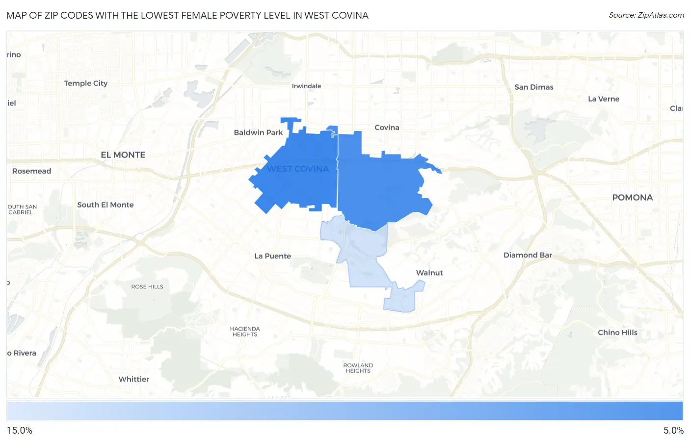 Zip Codes with the Lowest Female Poverty Level in West Covina Map