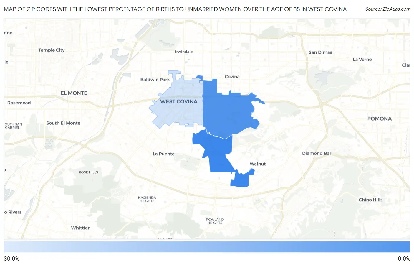 Zip Codes with the Lowest Percentage of Births to Unmarried Women over the Age of 35 in West Covina Map