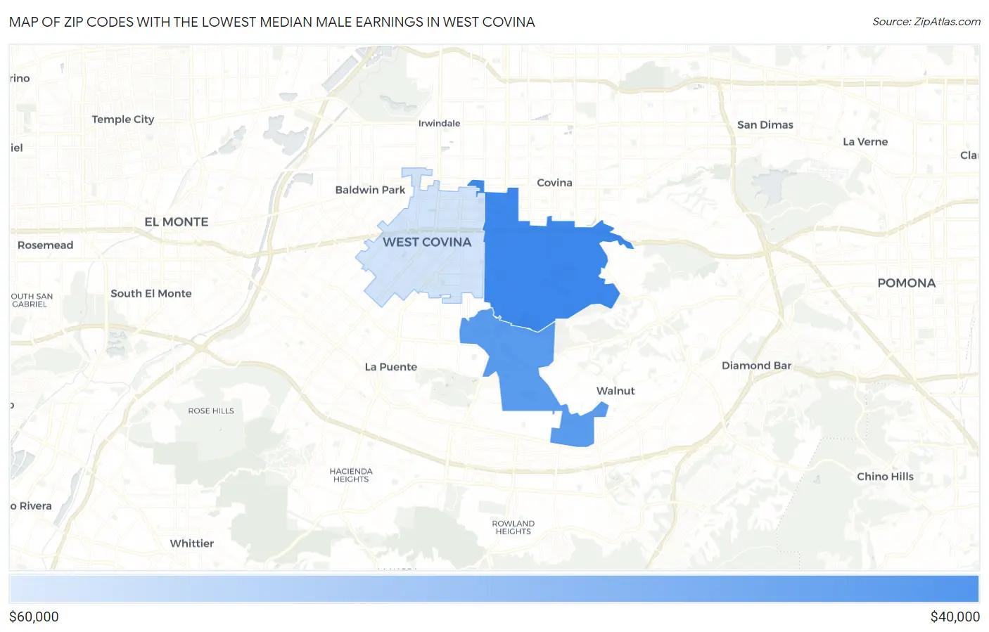 Zip Codes with the Lowest Median Male Earnings in West Covina Map