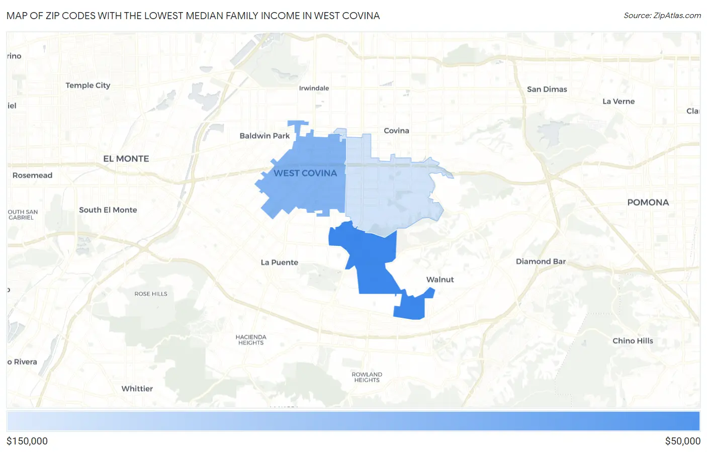 Zip Codes with the Lowest Median Family Income in West Covina Map