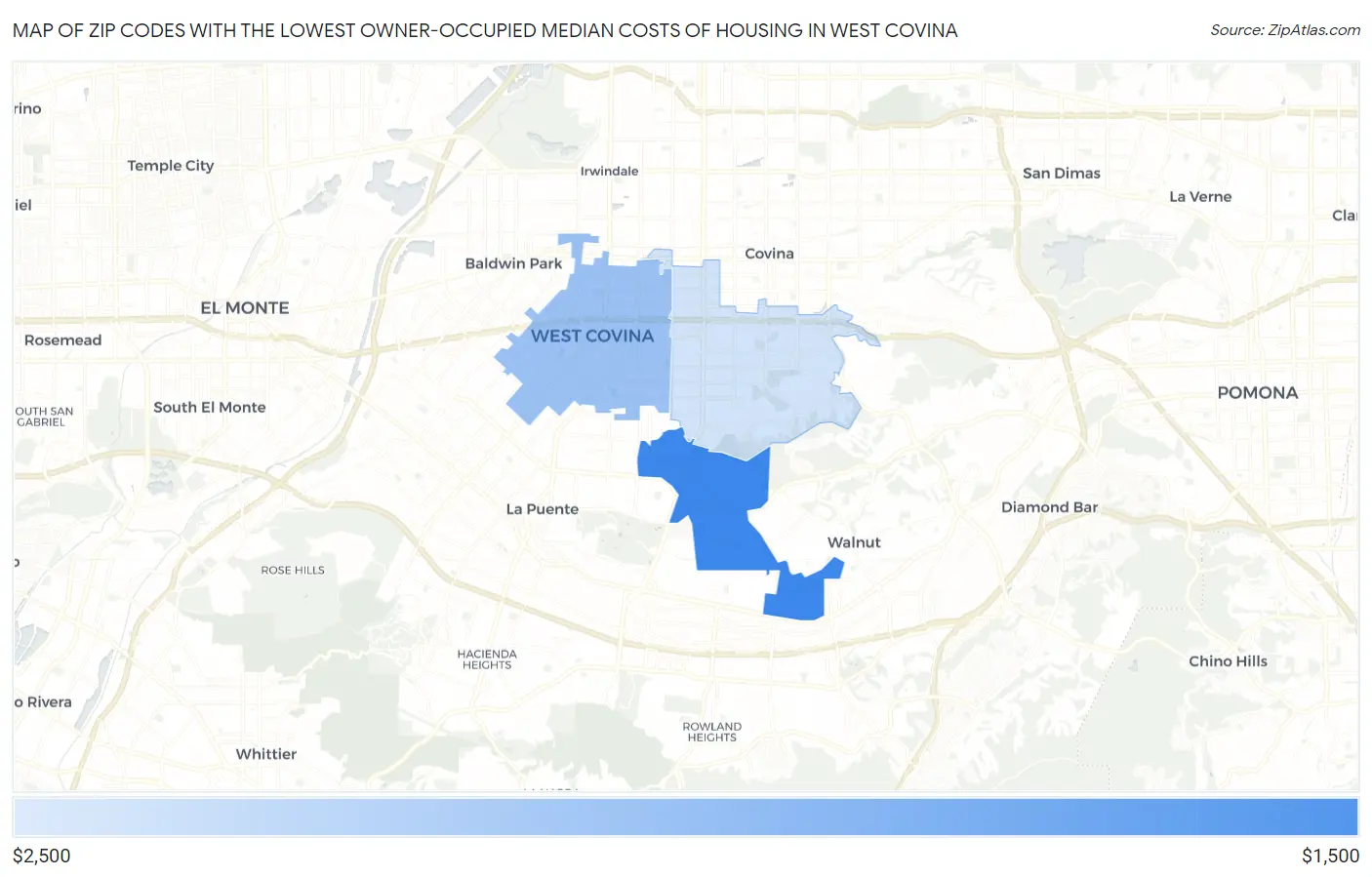 Zip Codes with the Lowest Owner-Occupied Median Costs of Housing in West Covina Map
