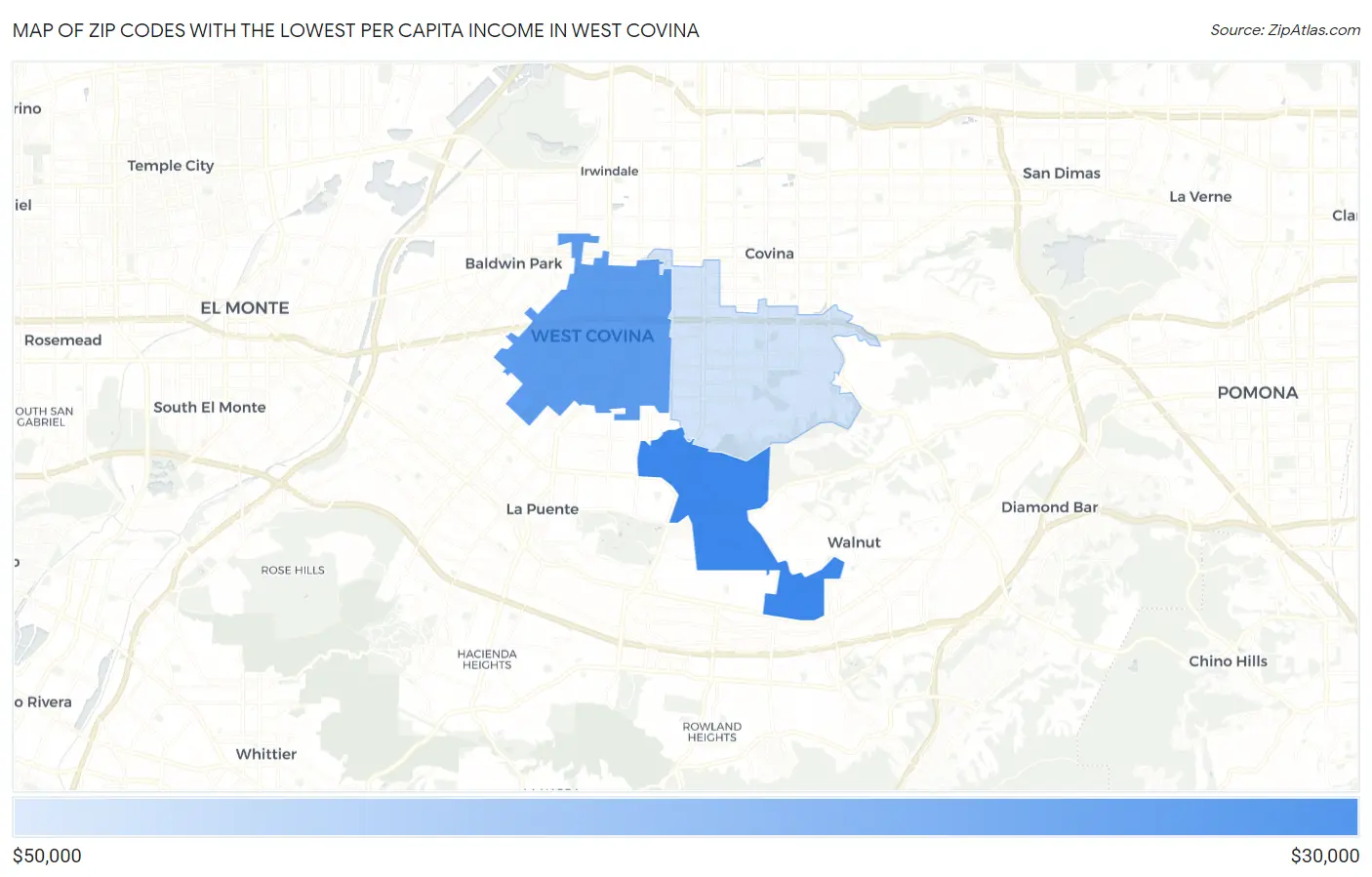 Zip Codes with the Lowest Per Capita Income in West Covina Map