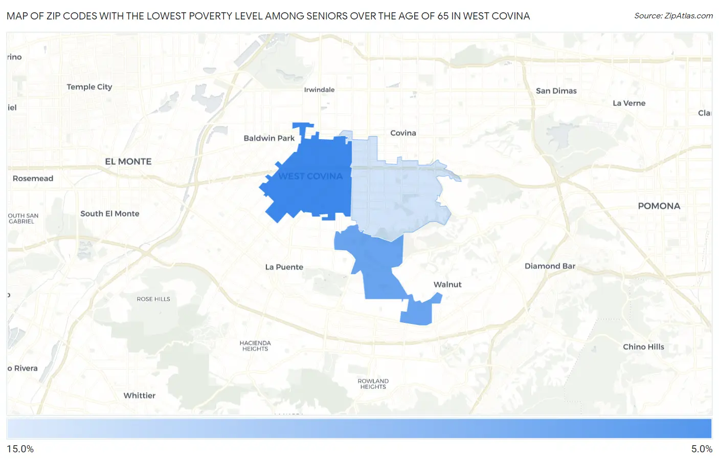 Zip Codes with the Lowest Poverty Level Among Seniors Over the Age of 65 in West Covina Map