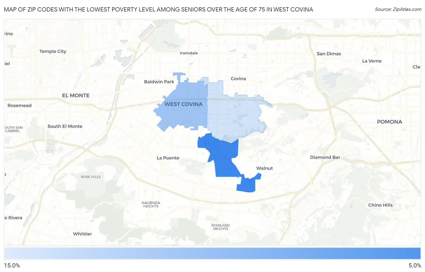Zip Codes with the Lowest Poverty Level Among Seniors Over the Age of 75 in West Covina Map