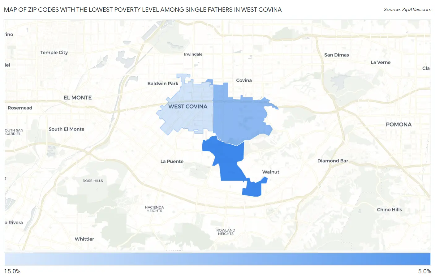 Zip Codes with the Lowest Poverty Level Among Single Fathers in West Covina Map