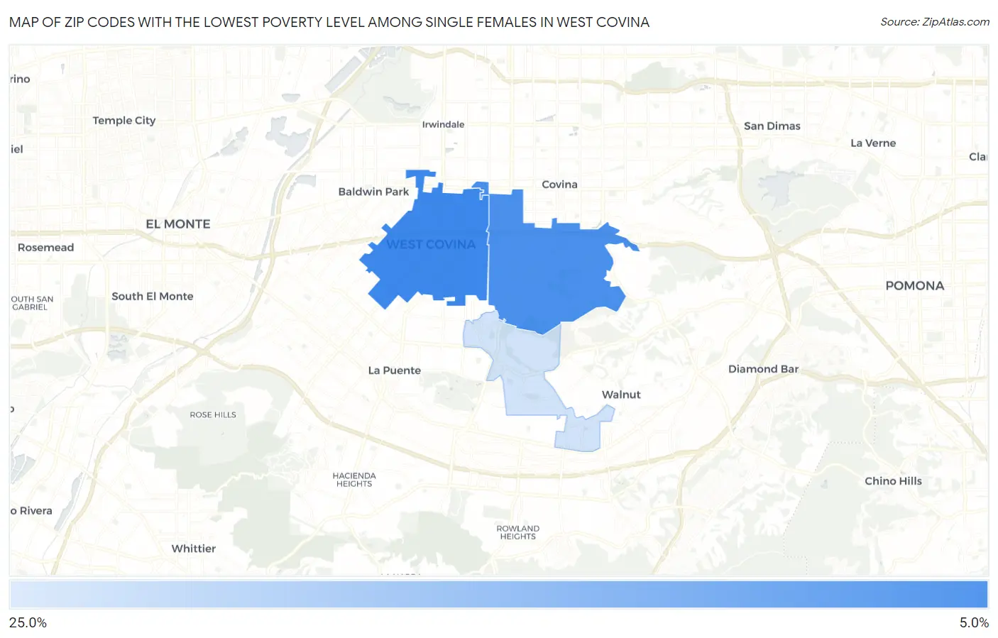 Zip Codes with the Lowest Poverty Level Among Single Females in West Covina Map