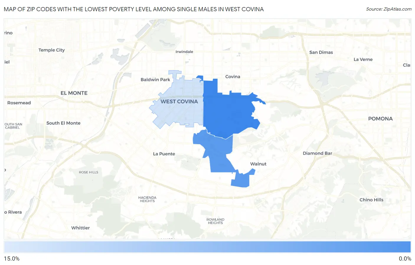 Zip Codes with the Lowest Poverty Level Among Single Males in West Covina Map