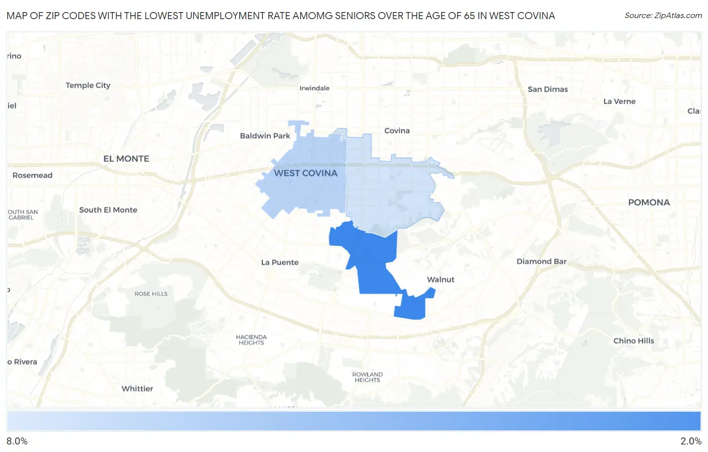 Zip Codes with the Lowest Unemployment Rate Amomg Seniors Over the Age of 65 in West Covina Map
