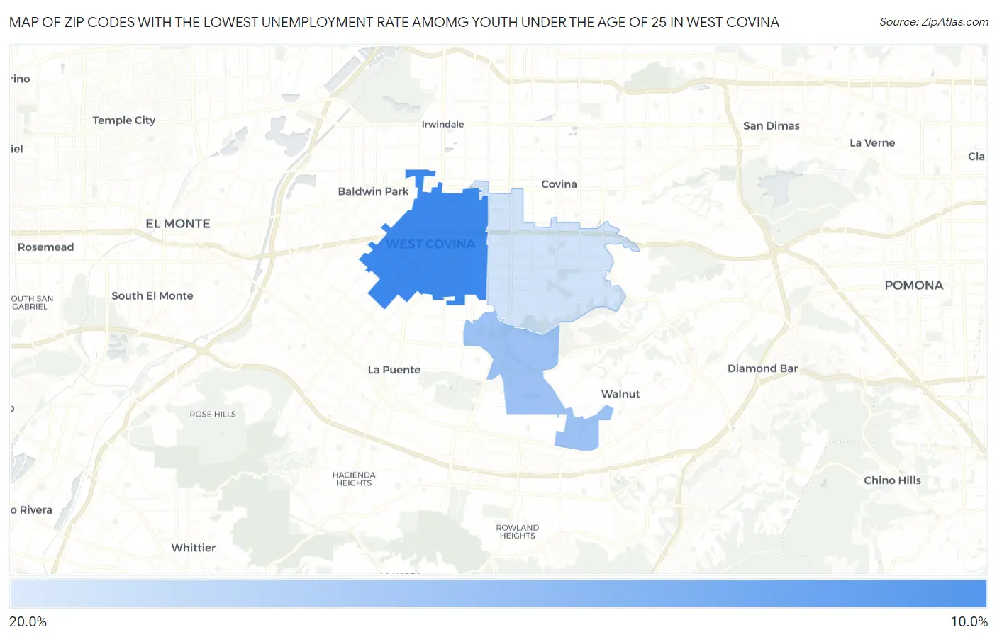 Zip Codes with the Lowest Unemployment Rate Amomg Youth Under the Age of 25 in West Covina Map
