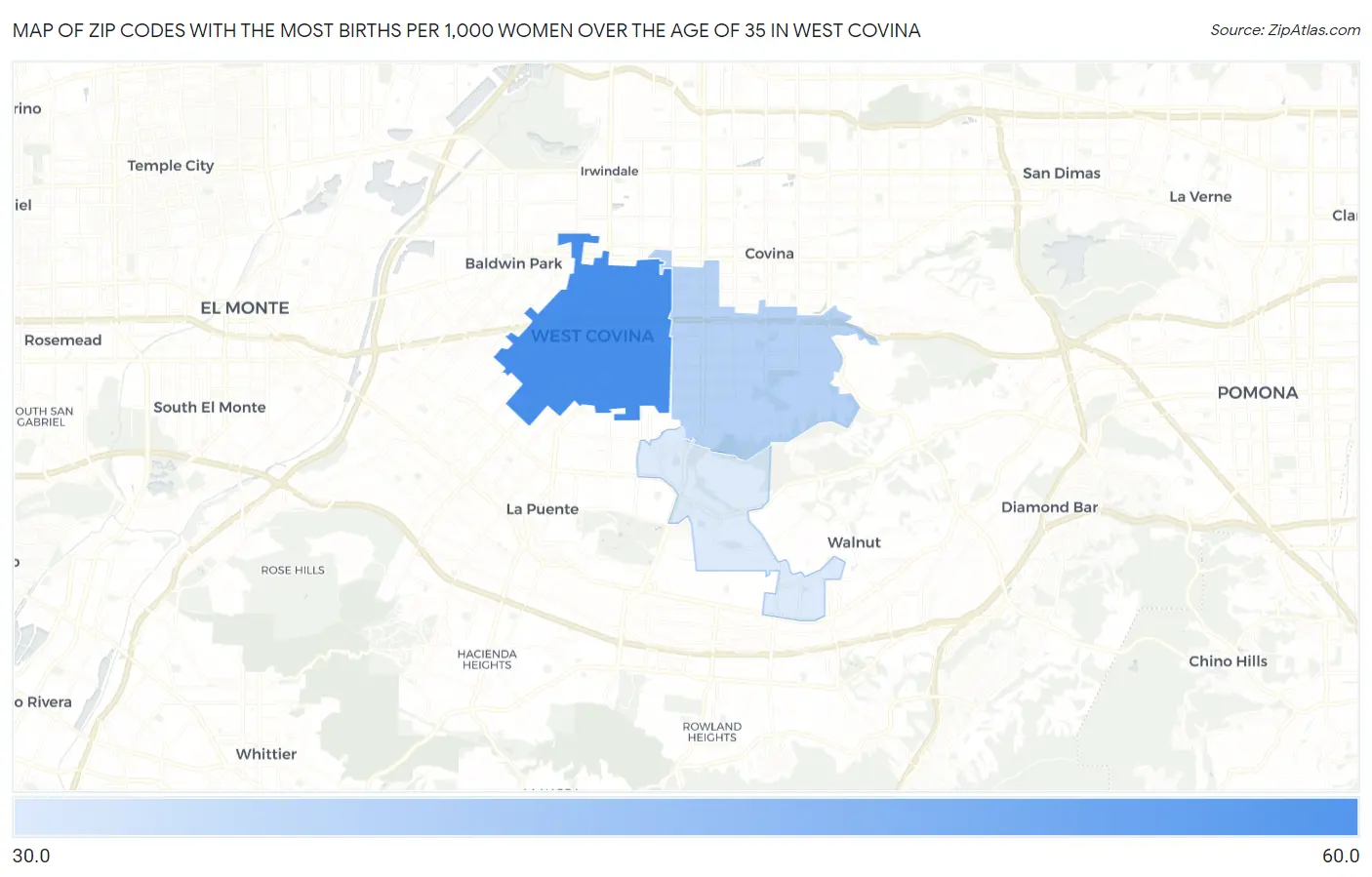 Zip Codes with the Most Births per 1,000 Women Over the Age of 35 in West Covina Map