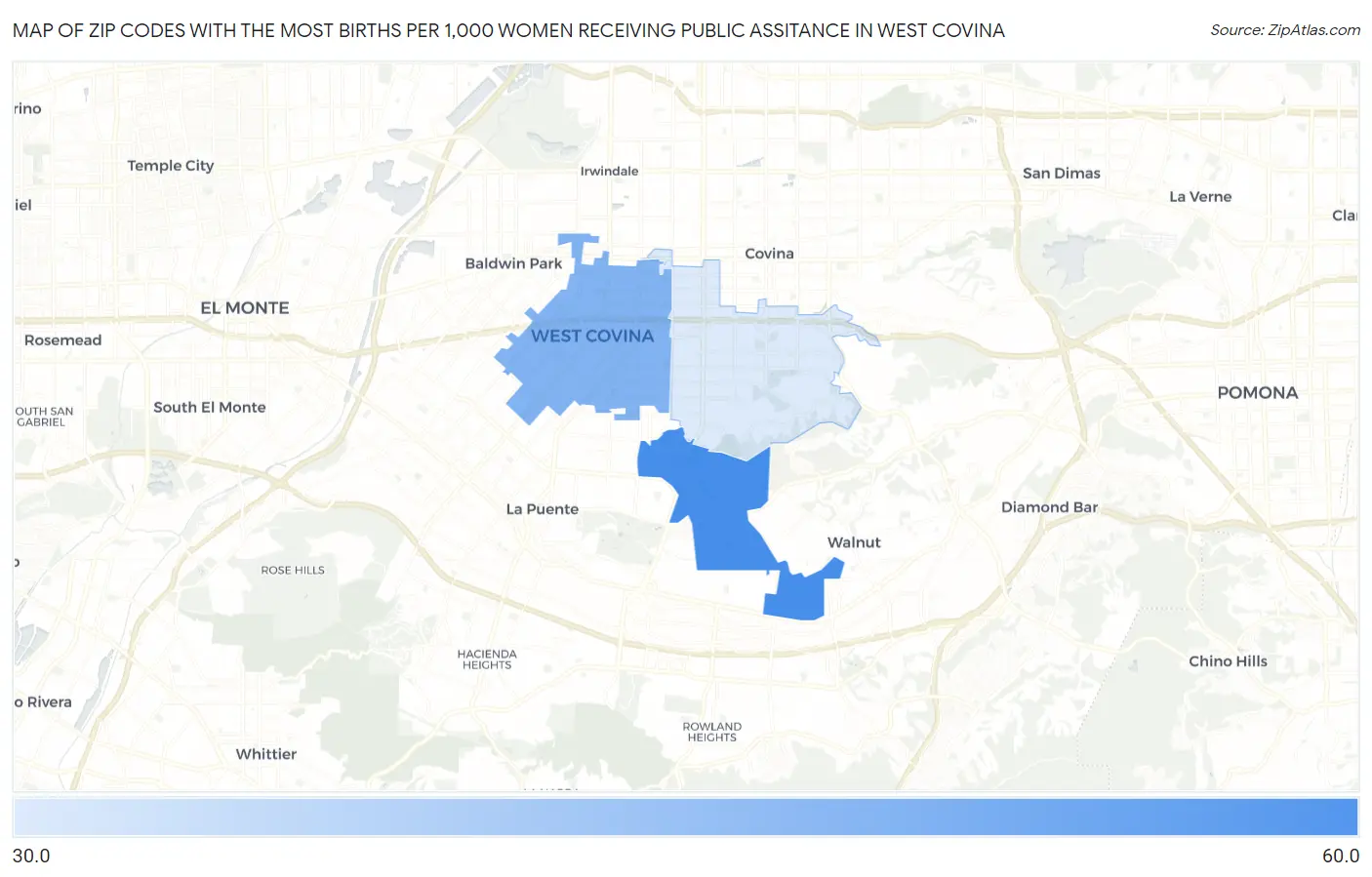 Zip Codes with the Most Births per 1,000 Women Receiving Public Assitance in West Covina Map