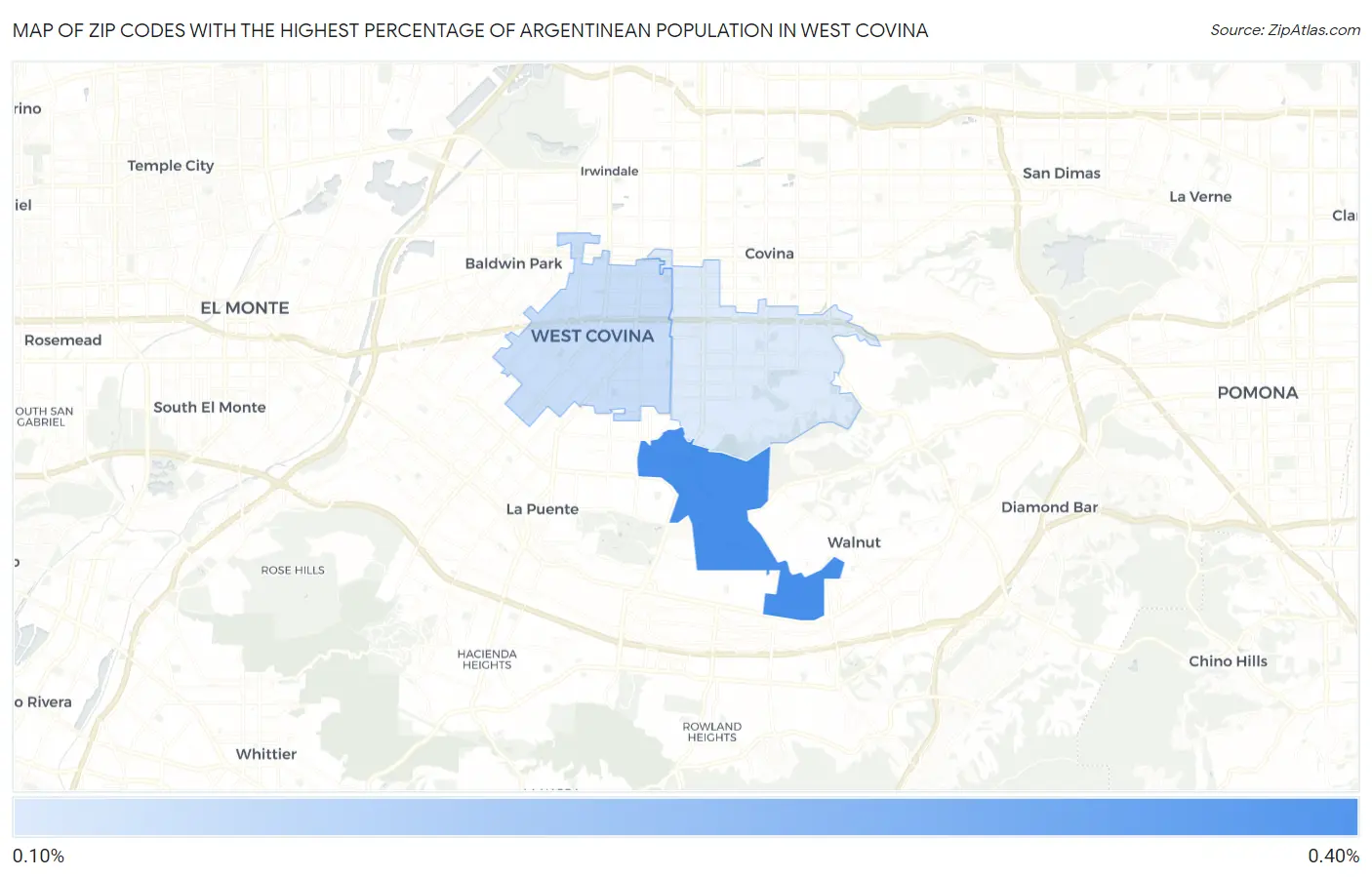 Zip Codes with the Highest Percentage of Argentinean Population in West Covina Map