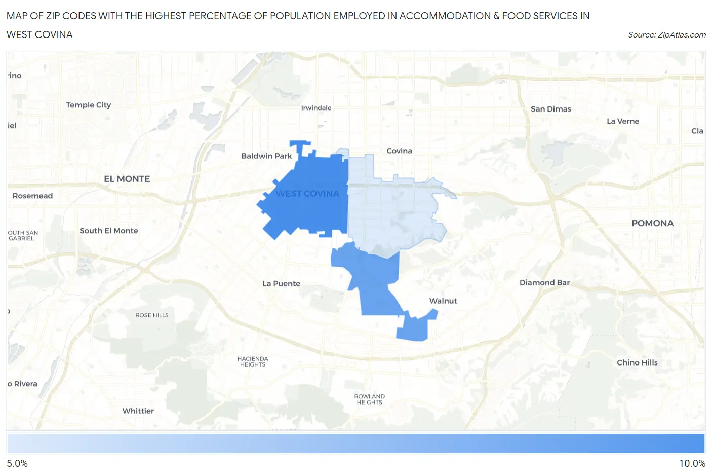 Zip Codes with the Highest Percentage of Population Employed in Accommodation & Food Services in West Covina Map
