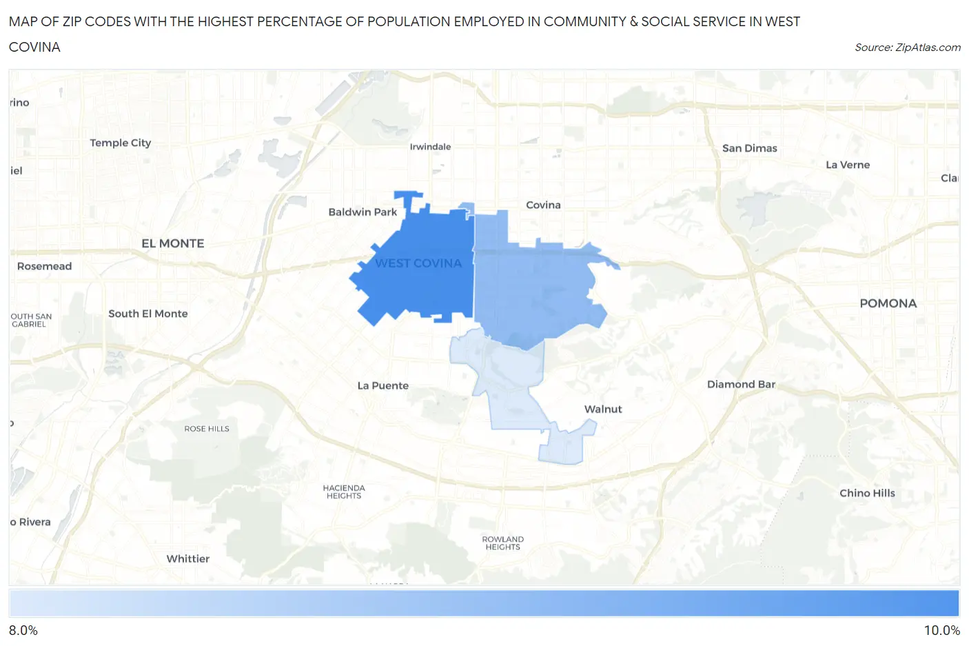 Zip Codes with the Highest Percentage of Population Employed in Community & Social Service  in West Covina Map