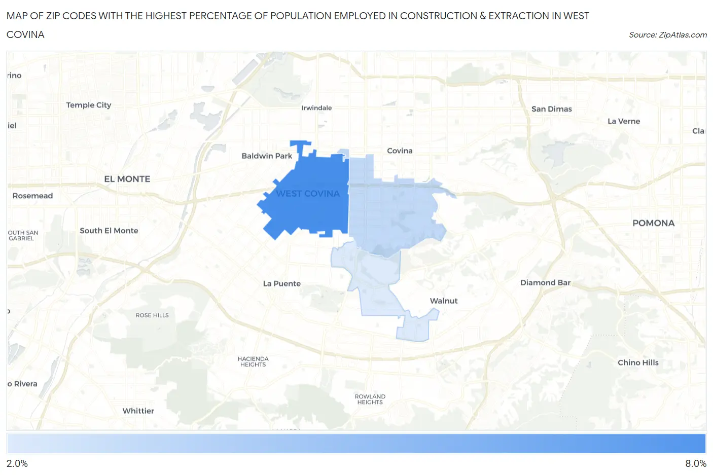 Zip Codes with the Highest Percentage of Population Employed in Construction & Extraction in West Covina Map