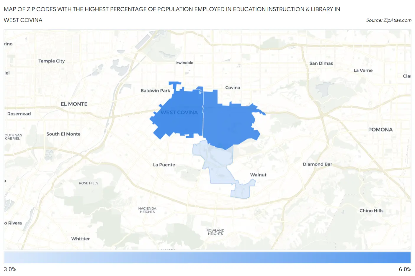 Zip Codes with the Highest Percentage of Population Employed in Education Instruction & Library in West Covina Map