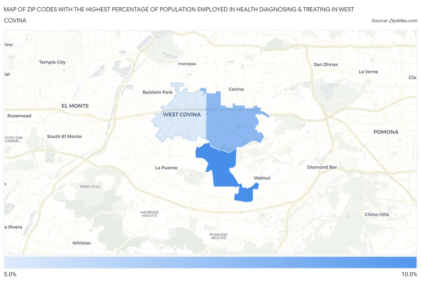 Zip Codes with the Highest Percentage of Population Employed in Health Diagnosing & Treating in West Covina Map
