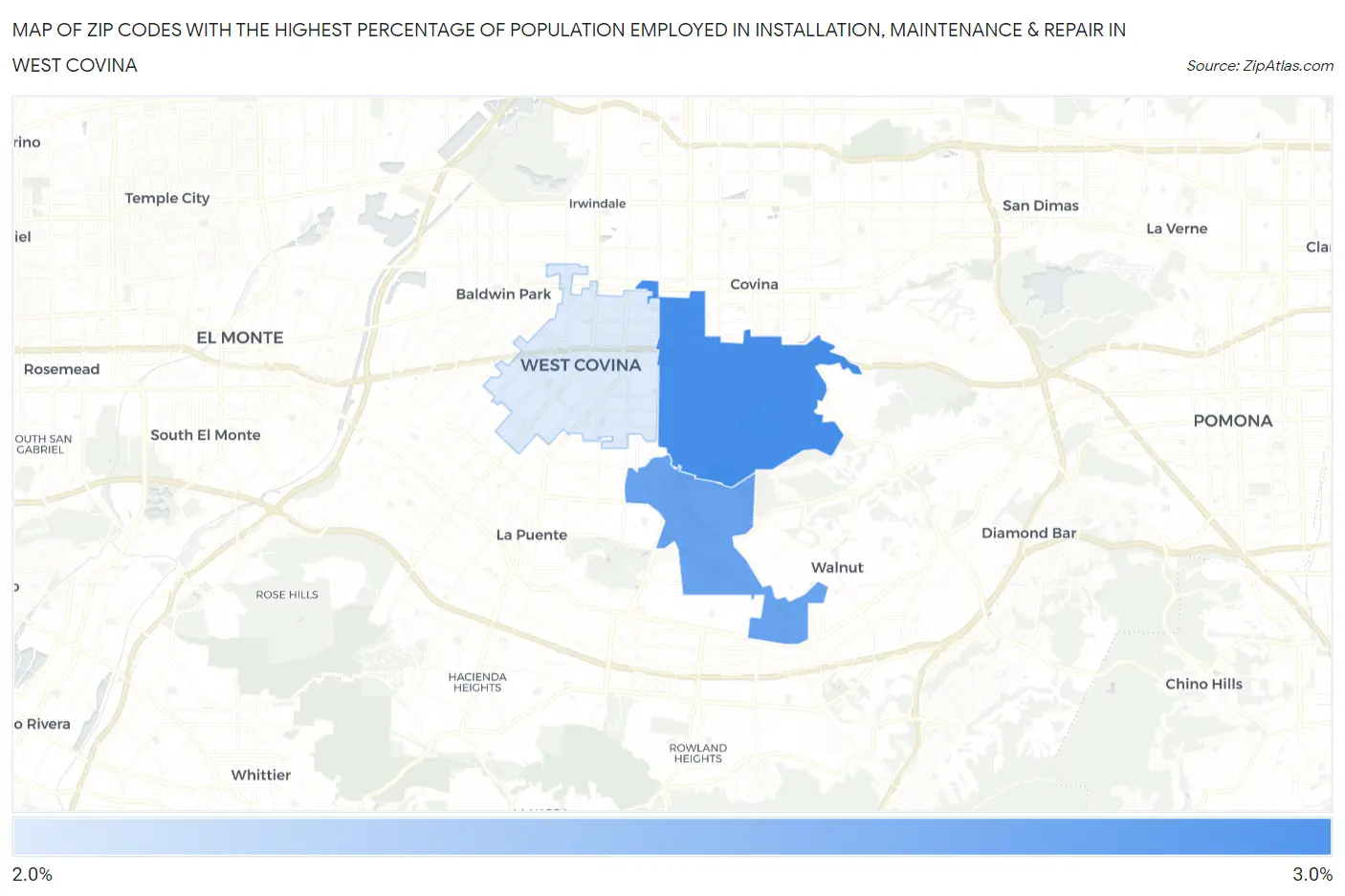 Zip Codes with the Highest Percentage of Population Employed in Installation, Maintenance & Repair in West Covina Map