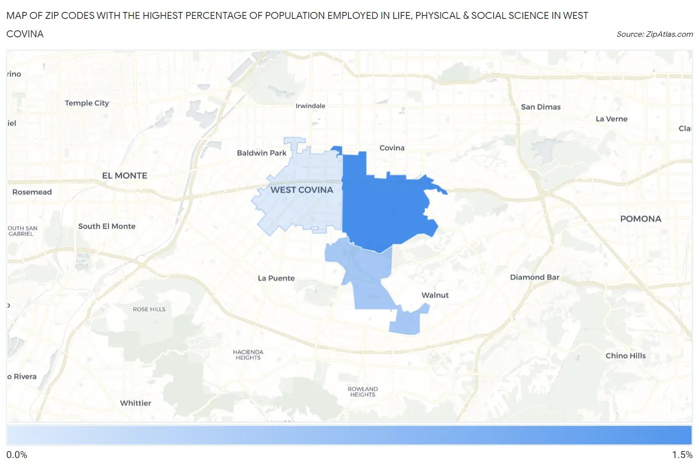 Zip Codes with the Highest Percentage of Population Employed in Life, Physical & Social Science in West Covina Map