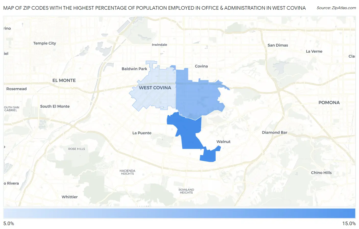 Zip Codes with the Highest Percentage of Population Employed in Office & Administration in West Covina Map