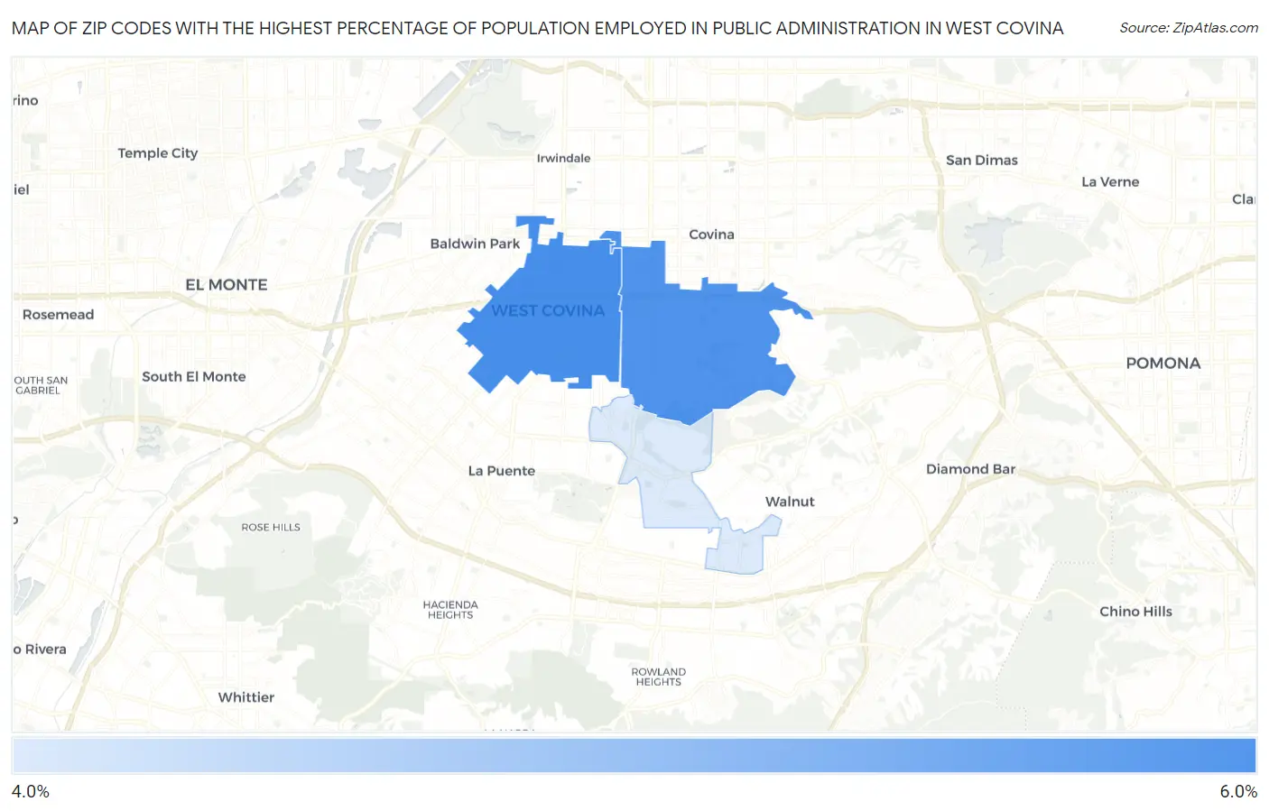 Zip Codes with the Highest Percentage of Population Employed in Public Administration in West Covina Map
