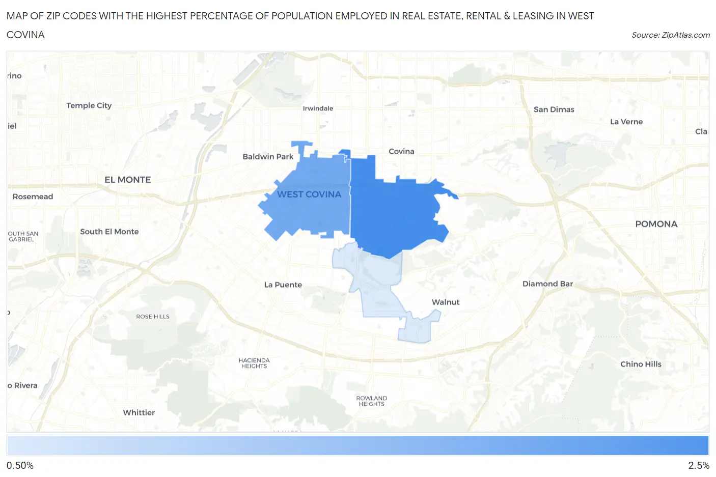 Zip Codes with the Highest Percentage of Population Employed in Real Estate, Rental & Leasing in West Covina Map