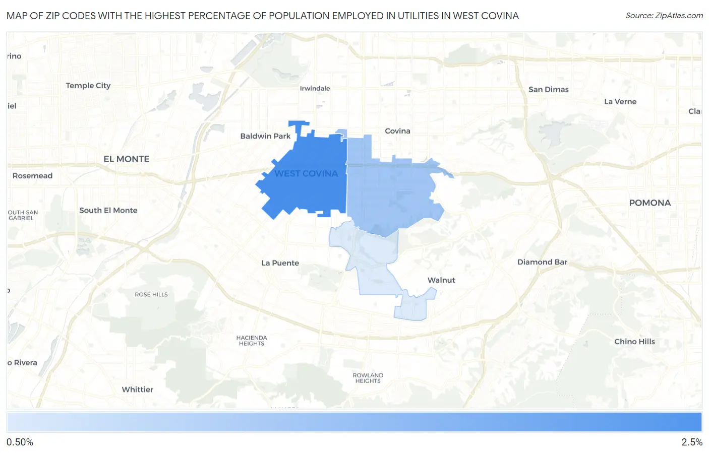Zip Codes with the Highest Percentage of Population Employed in Utilities in West Covina Map