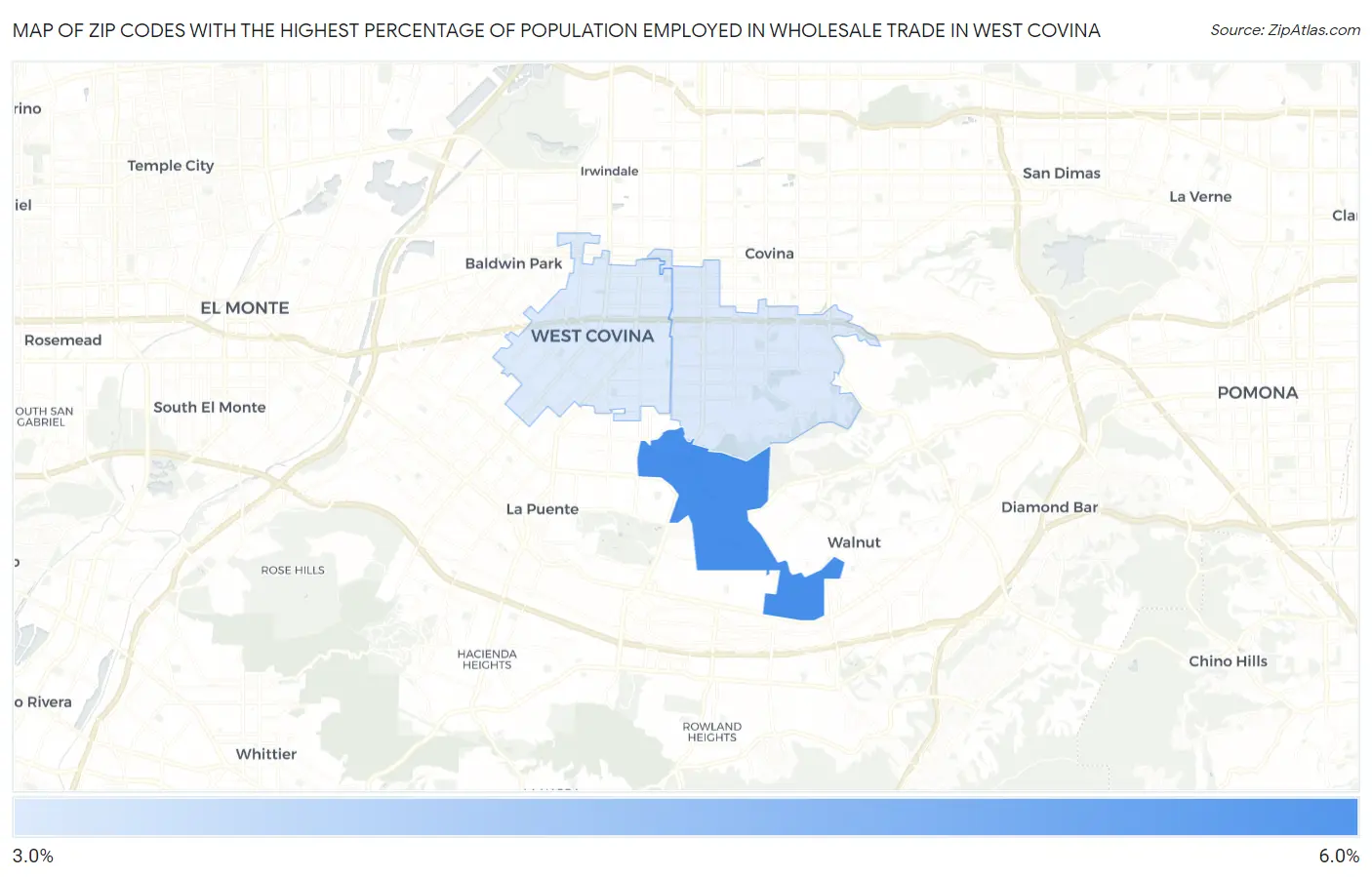 Zip Codes with the Highest Percentage of Population Employed in Wholesale Trade in West Covina Map