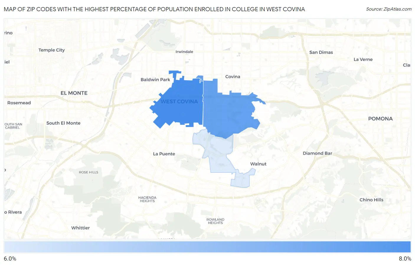 Zip Codes with the Highest Percentage of Population Enrolled in College in West Covina Map
