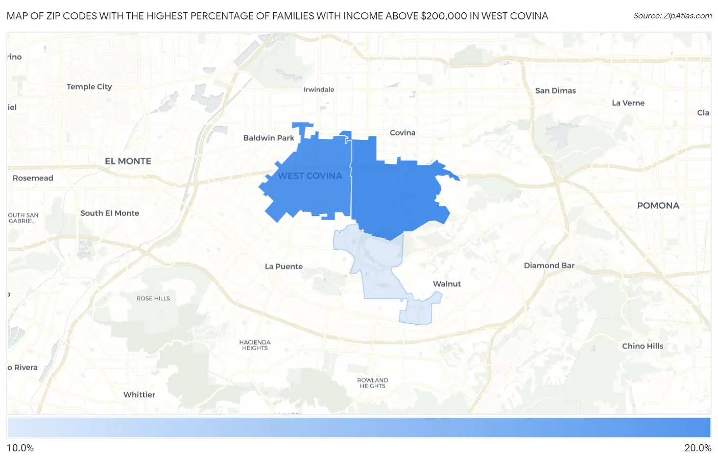Zip Codes with the Highest Percentage of Families with Income Above $200,000 in West Covina Map