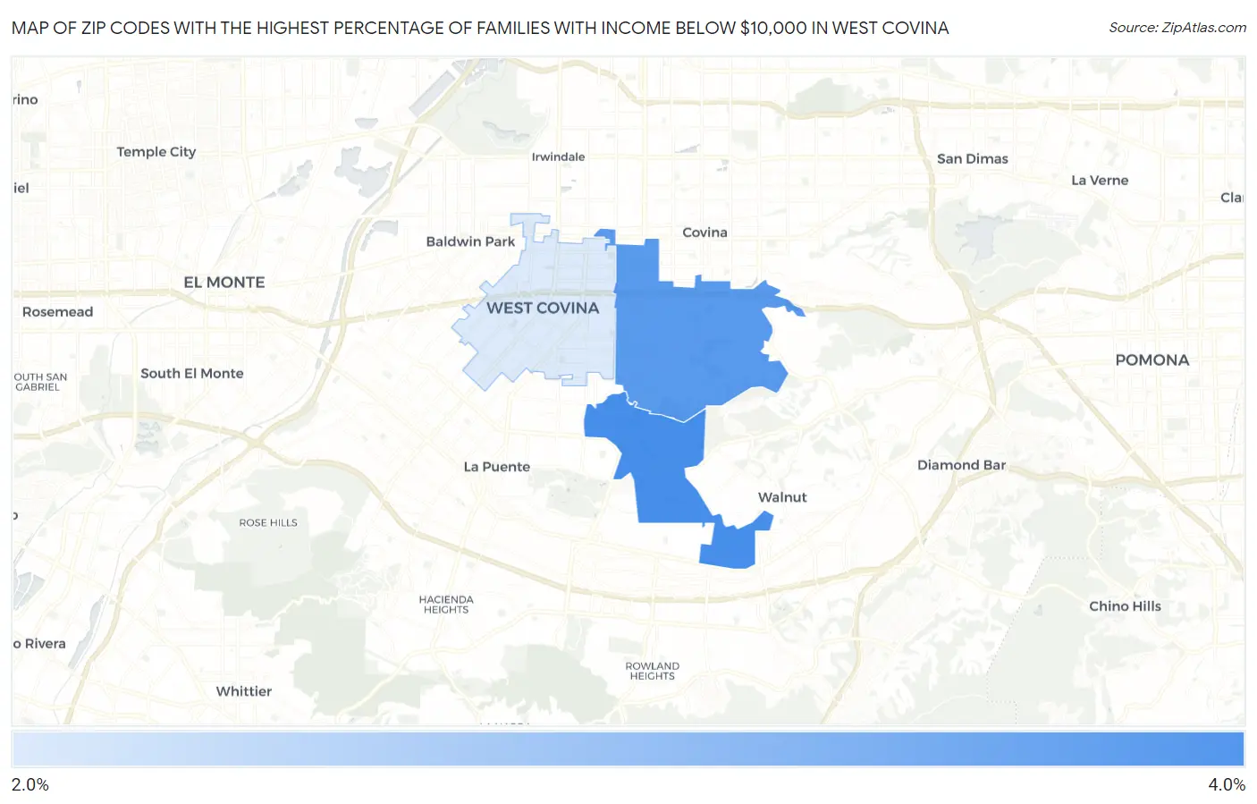 Zip Codes with the Highest Percentage of Families with Income Below $10,000 in West Covina Map