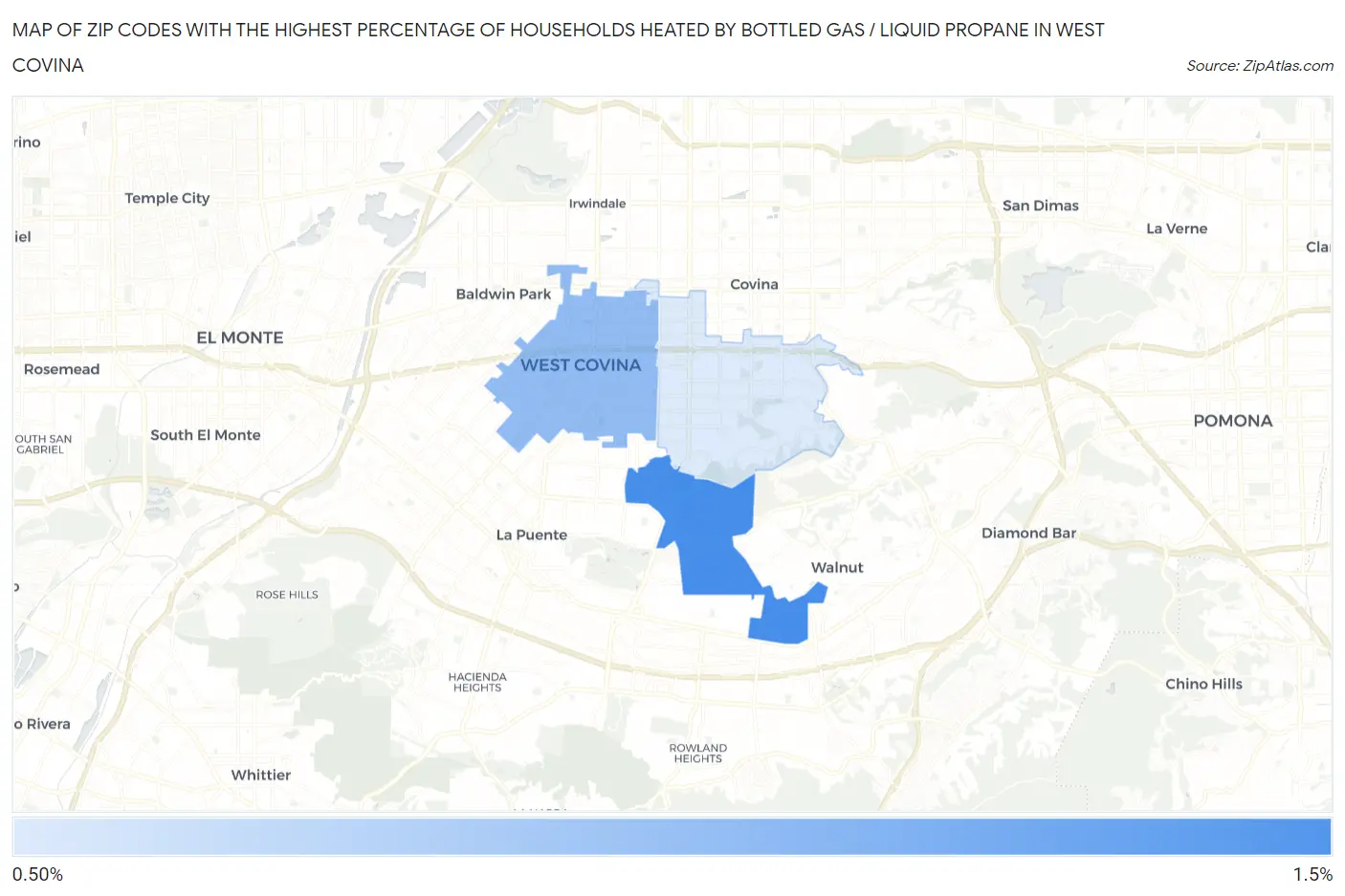 Zip Codes with the Highest Percentage of Households Heated by Bottled Gas / Liquid Propane in West Covina Map