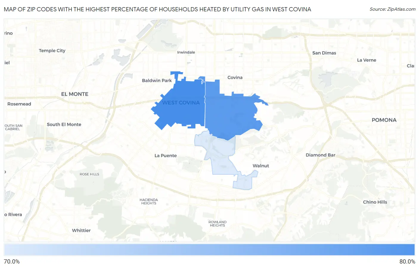 Zip Codes with the Highest Percentage of Households Heated by Utility Gas in West Covina Map
