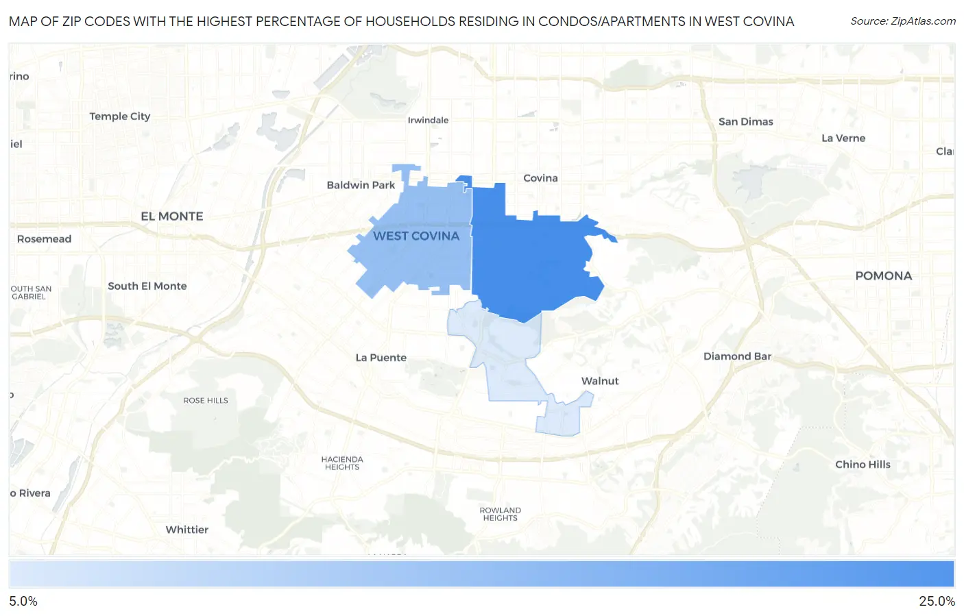 Zip Codes with the Highest Percentage of Households Residing in Condos/Apartments in West Covina Map