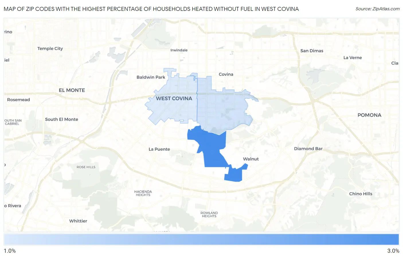 Zip Codes with the Highest Percentage of Households Heated without Fuel in West Covina Map