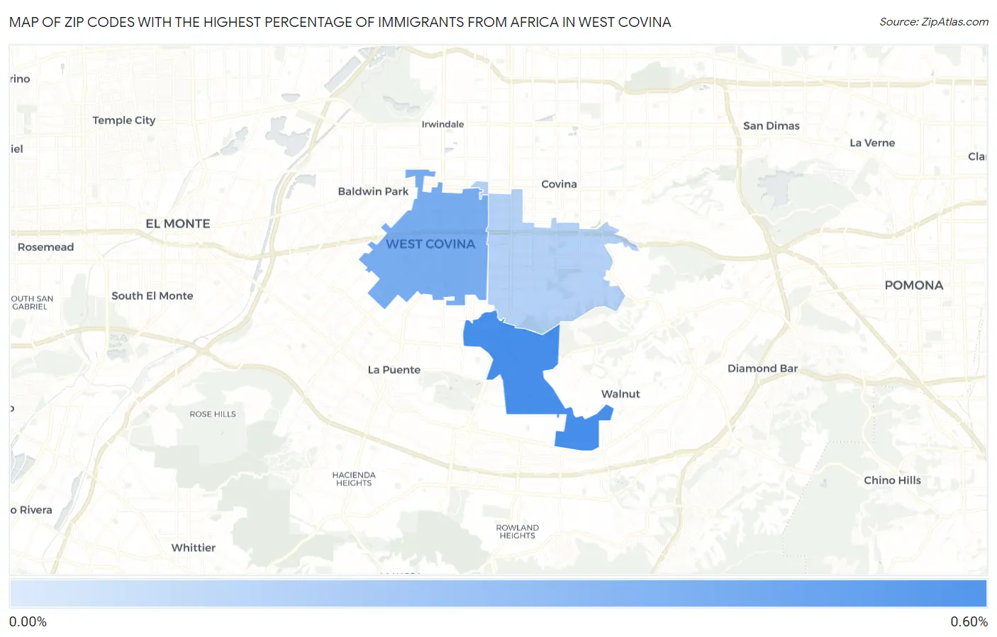 Zip Codes with the Highest Percentage of Immigrants from Africa in West Covina Map