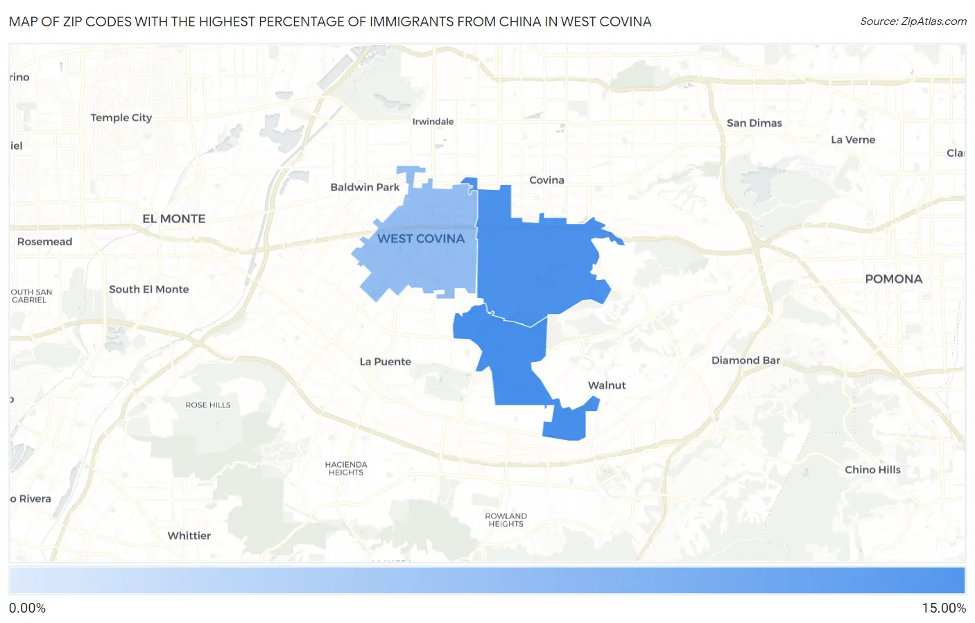 Zip Codes with the Highest Percentage of Immigrants from China in West Covina Map