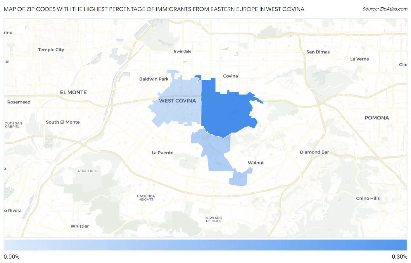 Zip Codes with the Highest Percentage of Immigrants from Eastern Europe in West Covina Map