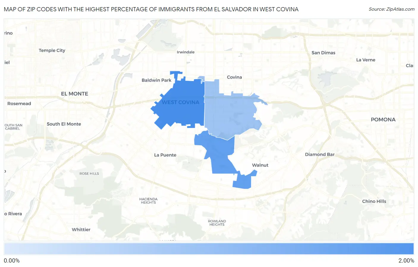 Zip Codes with the Highest Percentage of Immigrants from El Salvador in West Covina Map