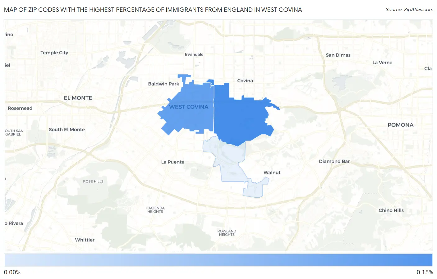 Zip Codes with the Highest Percentage of Immigrants from England in West Covina Map
