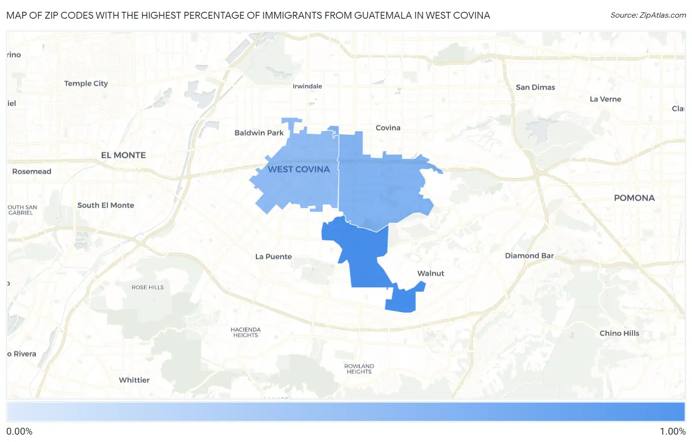Zip Codes with the Highest Percentage of Immigrants from Guatemala in West Covina Map