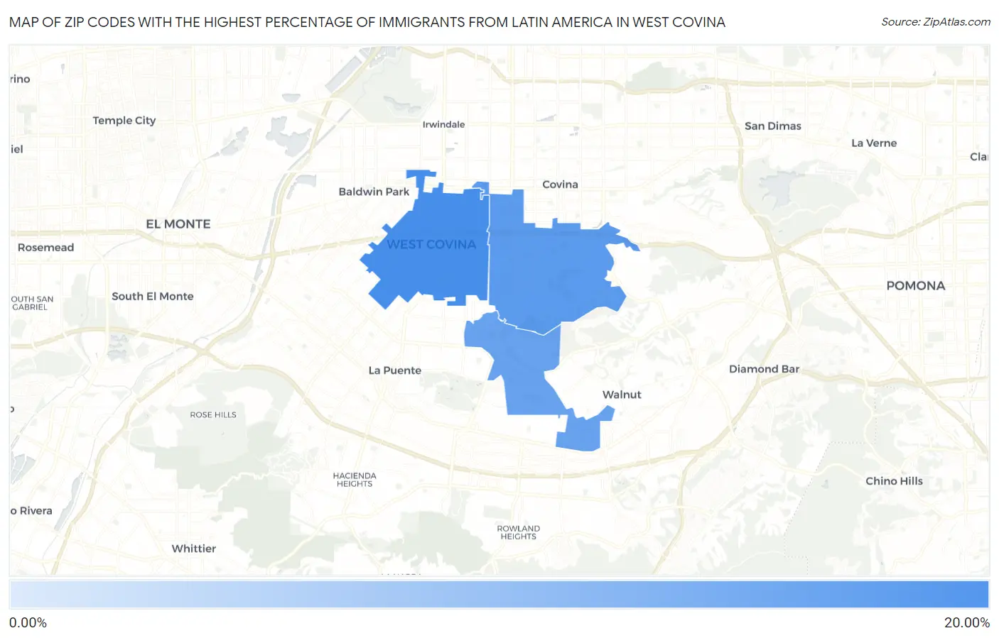 Zip Codes with the Highest Percentage of Immigrants from Latin America in West Covina Map