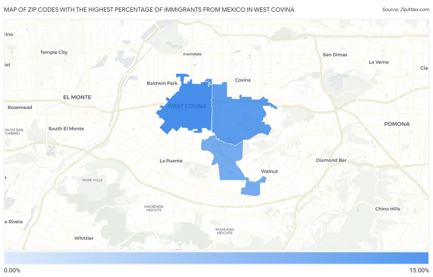 Zip Codes with the Highest Percentage of Immigrants from Mexico in West Covina Map