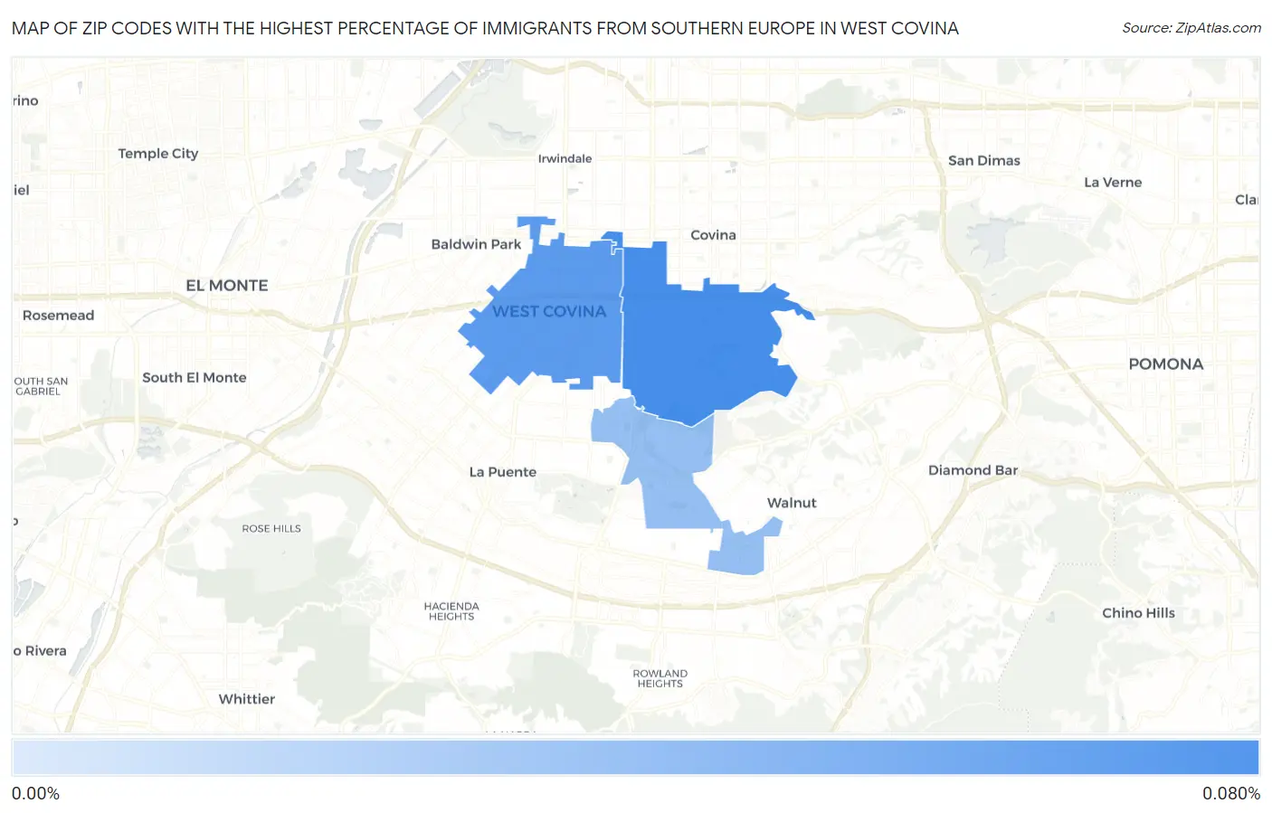Zip Codes with the Highest Percentage of Immigrants from Southern Europe in West Covina Map