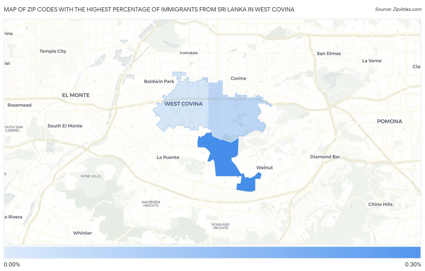 Zip Codes with the Highest Percentage of Immigrants from Sri Lanka in West Covina Map