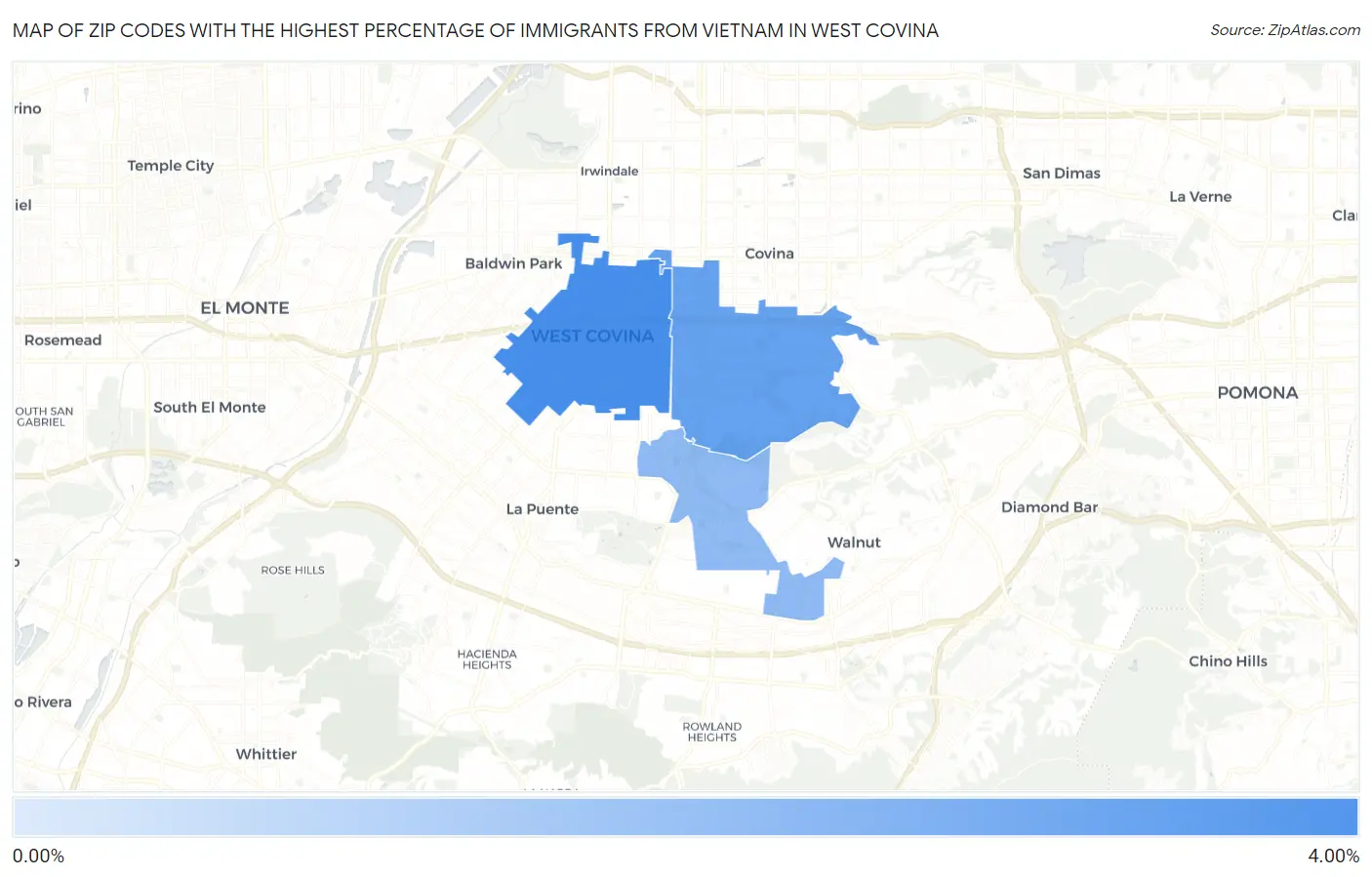 Zip Codes with the Highest Percentage of Immigrants from Vietnam in West Covina Map
