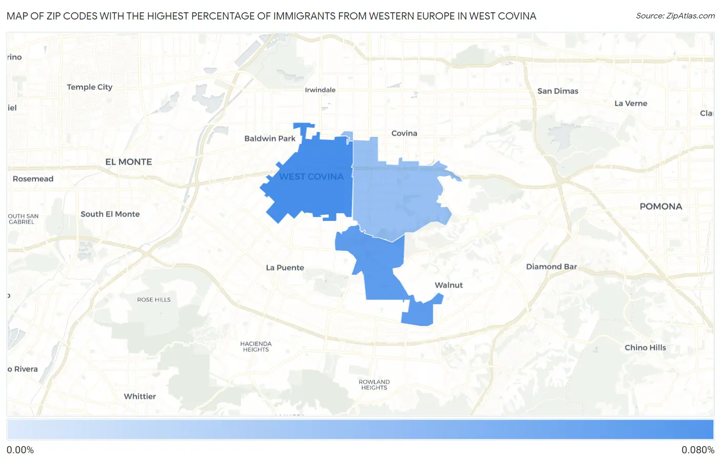 Zip Codes with the Highest Percentage of Immigrants from Western Europe in West Covina Map