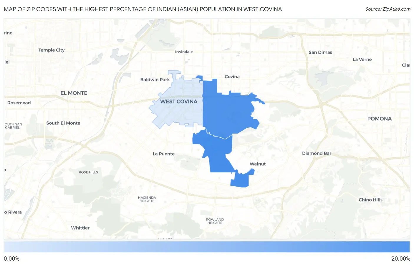 Zip Codes with the Highest Percentage of Indian (Asian) Population in West Covina Map